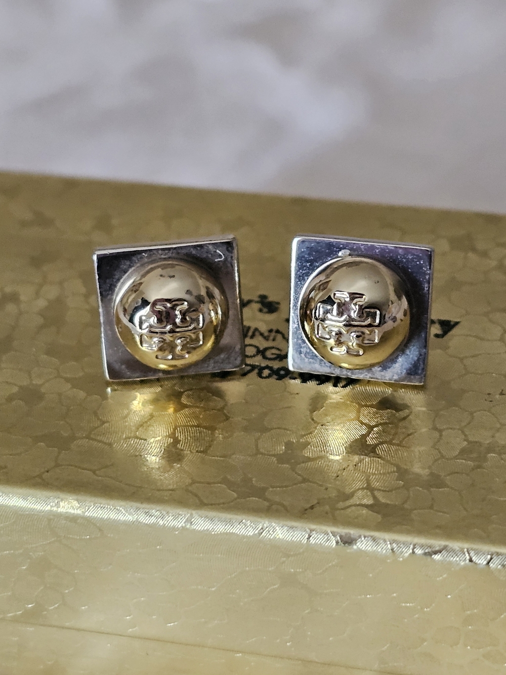 Authentic Tory Burch Gold and Silver Square Logo Cufflinks